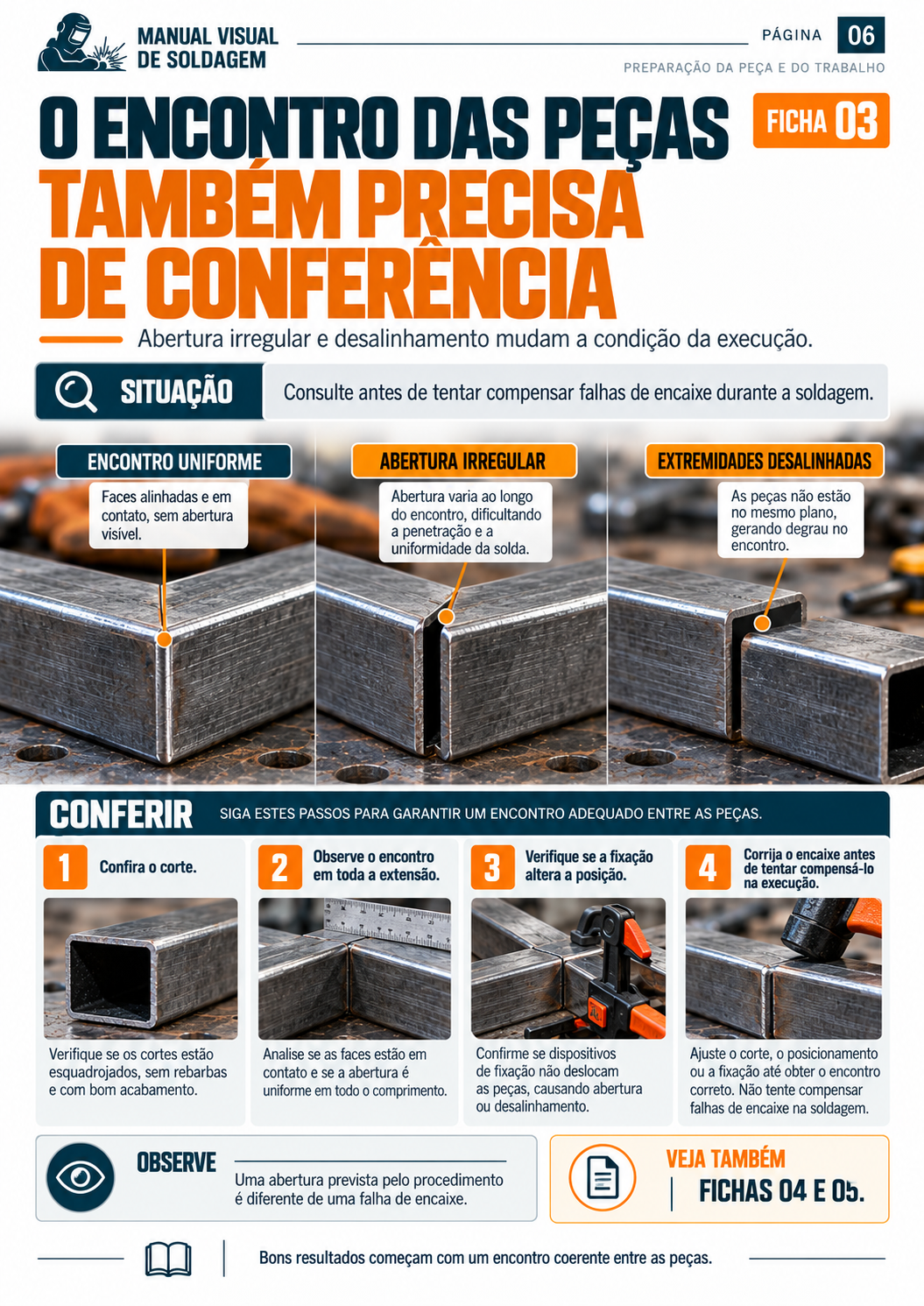 Ficha visual sobre encaixe e alinhamento das peças de metalon